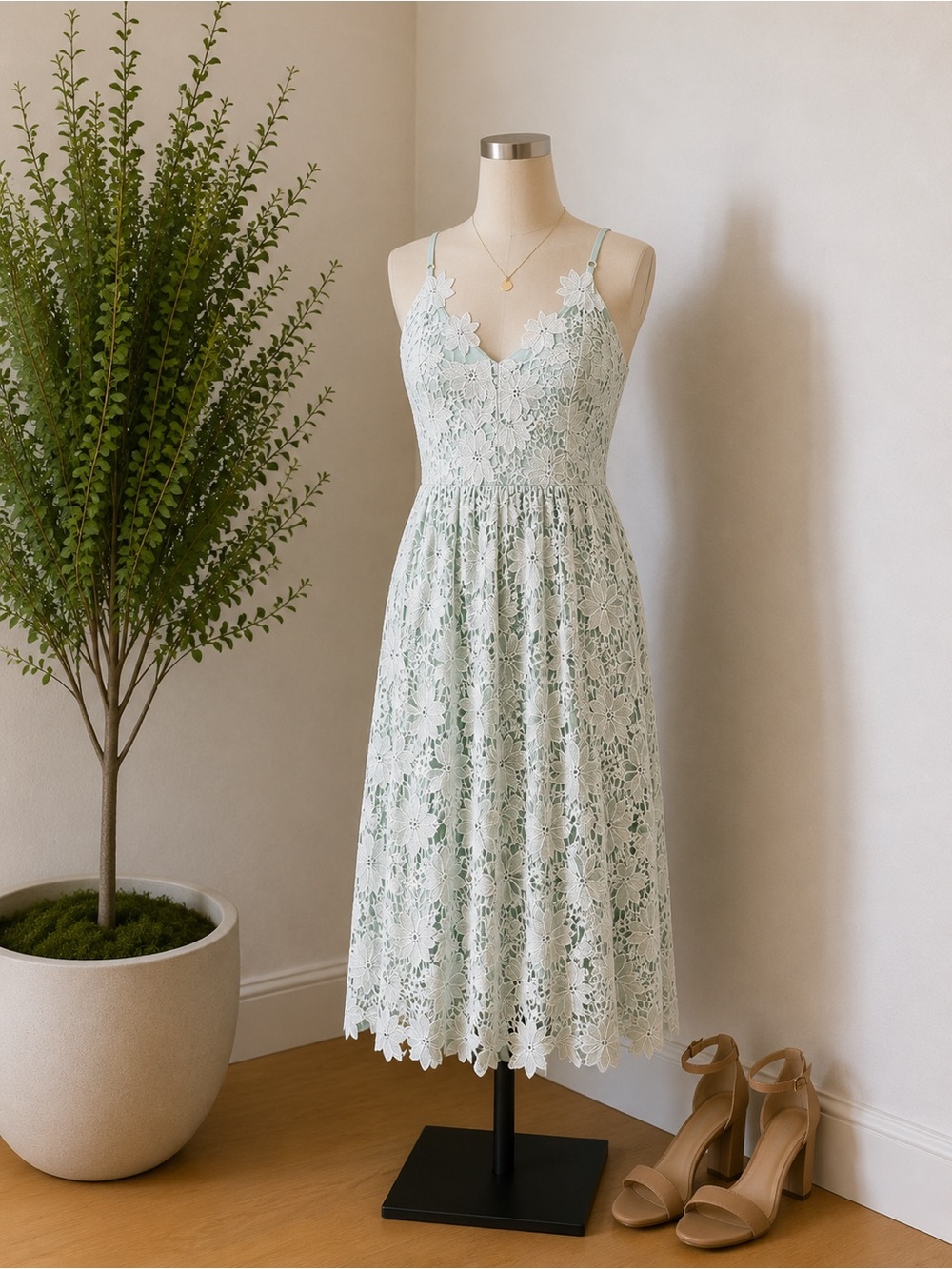Little Mistress Mint Lace Midi Dress with Spaghetti Straps